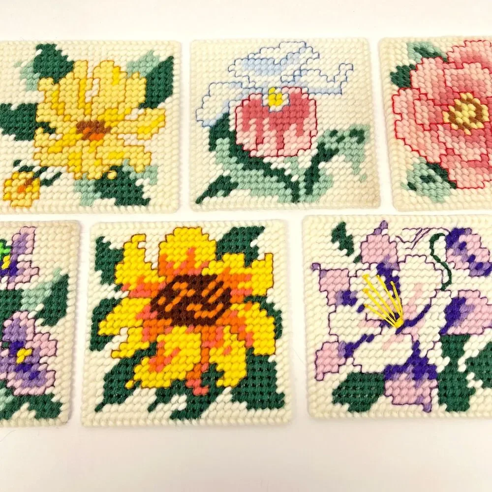 Vintage Handmade Needlepoint Floral Coasters Set of 7 w/ Yarn Covered Box 4in